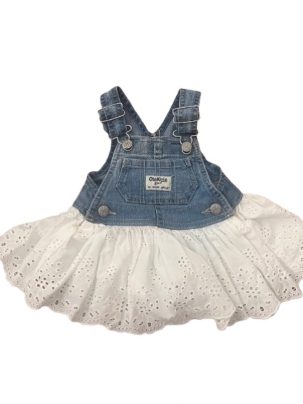 OshKosh B'gosh Blue Denim Overall Dress with White Eyelet Skirt
